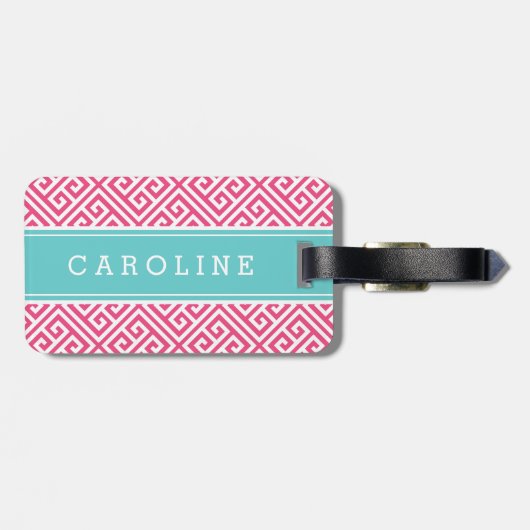 Roze en Turquoise Griekse Key Custom Monogram Bagagelabel (Achterkant horizontaal)