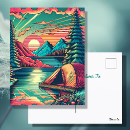 Roze en turquoise kampeer thema verjaardag in vint briefkaart