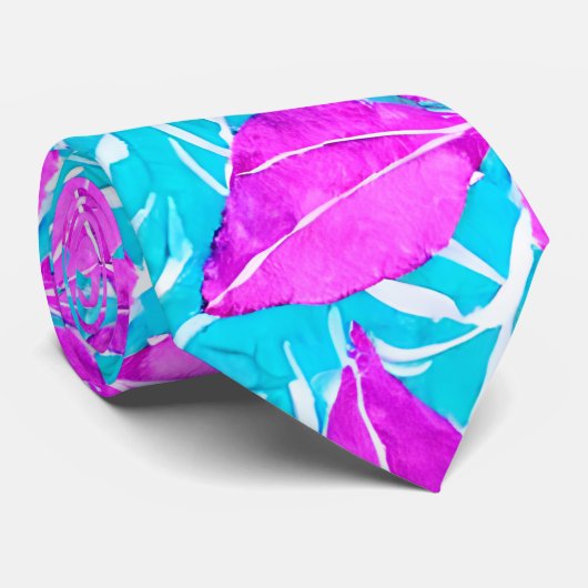 Roze en Turquoise Leafy Pattern Stropdas (Opgerold)