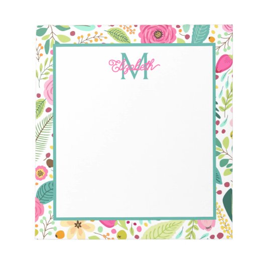 Roze en turquoise lente bloemmonogram notitieblok (Voorkant)