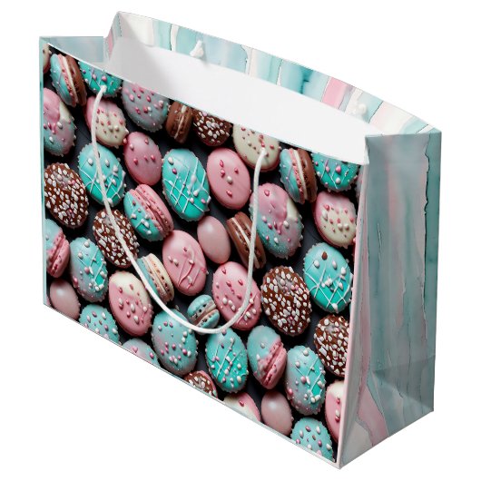 Roze en turquoise Macaron Verjaardag Groot Cadeauzakje (Achterkant Gekanteld)