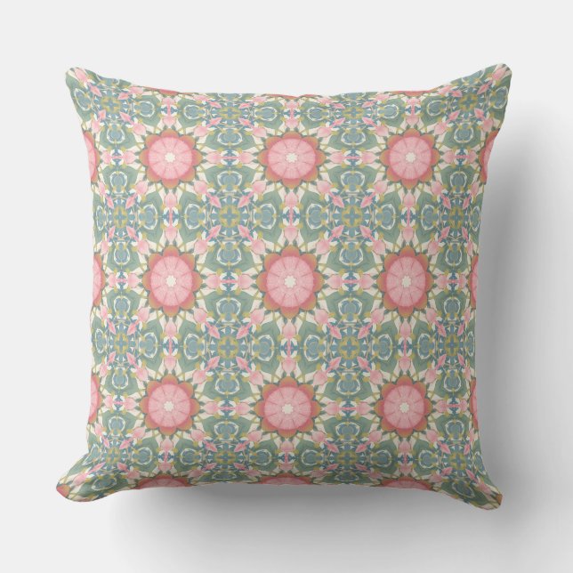 Roze en turquoise mandala boho kussen (Voorkant)