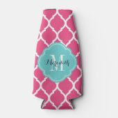 Roze en Turquoise Marokkaanse Quatrefoil Monogram Flesjeskoeler (Voorkant)