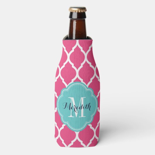 Roze en Turquoise Marokkaanse Quatrefoil Monogram Flesjeskoeler (Fles Voorkant)