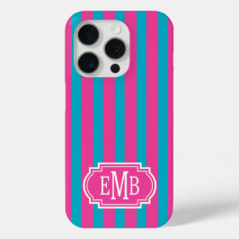 Roze en turquoise monogram strepen iPhone 15 pro case