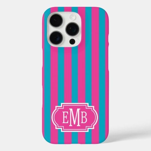 Roze en turquoise monogram strepen Case-Mate iPhone case (Achterkant)