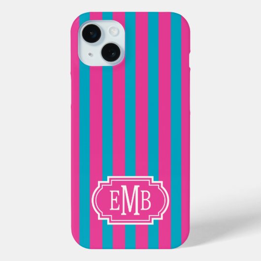 Roze en turquoise monogrammet strepen Case-Mate iPhone case (Achterkant)