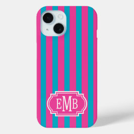 Roze en turquoise monogramstrepen iPhone 15 case