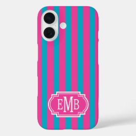 Roze en turquoise monogramstrepen iPhone 16 hoesje