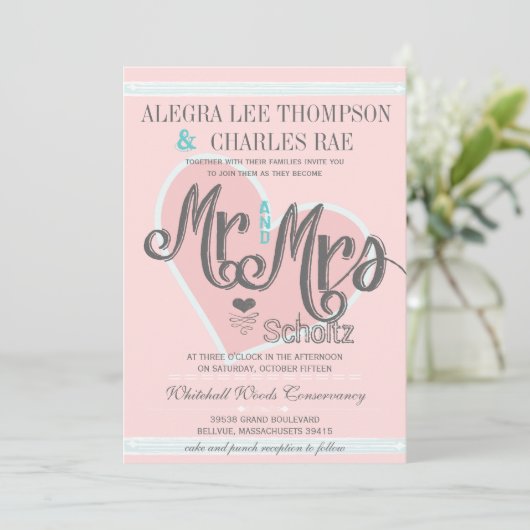 Roze en Turquoise Mr en Mrs Typography Weddings Kaart (Staand voorkant)