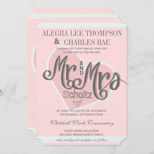 Roze en Turquoise Mr en Mrs Typography Weddings Kaart (Voorkant / Achterkant)
