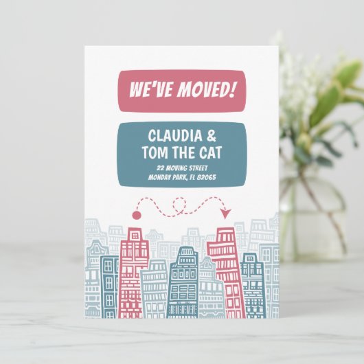 Roze en turquoise nieuw adres cartoon stad aankondiging (Staand voorkant)