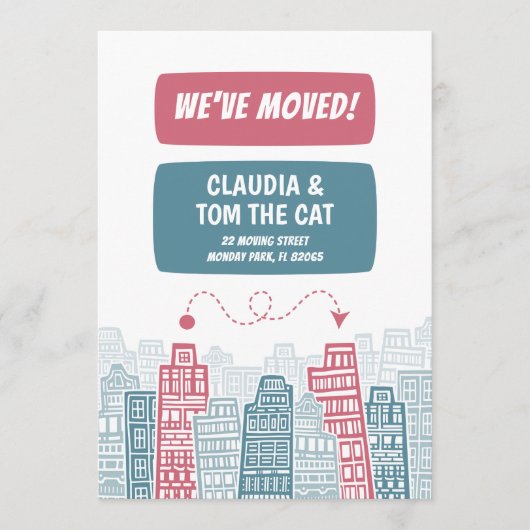 Roze en turquoise nieuw adres cartoon stad aankondiging (Voorkant)