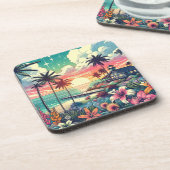 Roze en Turquoise Paradijs | Strandkunst Bier Onderzetter (Linkerzijde)