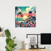 Roze en Turquoise Paradijs | Strandkunst Poster (Thuiskantoor)