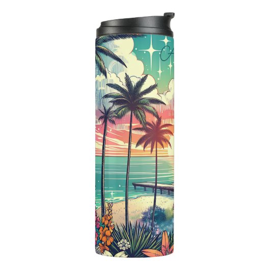 Roze en Turquoise Paradijs | Strandkunst Thermosbeker (Gedraaid links)