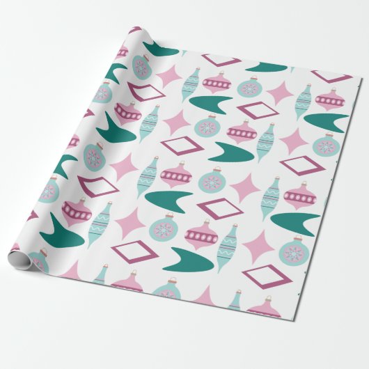 Roze en Turquoise Retro kerstversieringen Cadeaupapier (Uitgerold)