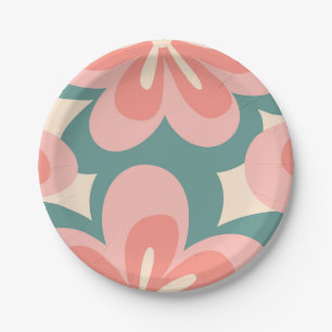 Roze en turquoise retro stijl bloemen papieren bordje