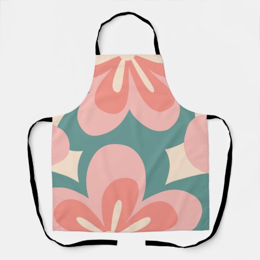 Roze en turquoise retro stijl bloemen schort (Voorkant)