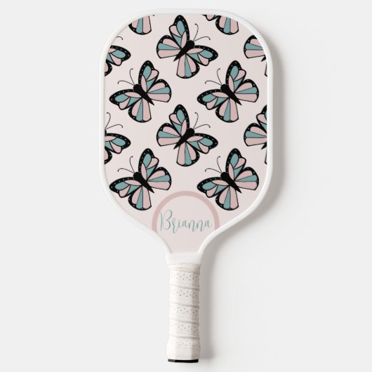 Roze en Turquoise Vlinderpatroon Pickleball Paddle (Achterkant)