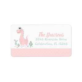 Roze en Turquoise Waterverf Girl Birthday Dinosaur Etiket