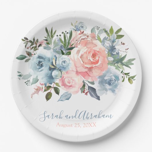 Roze en usty Blue Floral Rozen Wedding Papieren Bordje (Voorkant)