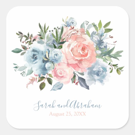 Roze en usty Blue Floral Rozen Wedding Square Vierkante Sticker (Voorkant)