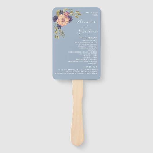 Roze en usty Blue Wedding Programme Handje Fan Handwaaier (Voorkant)