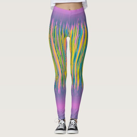 Roze en veelkleurige heldere strepen leggings (Voorkant)
