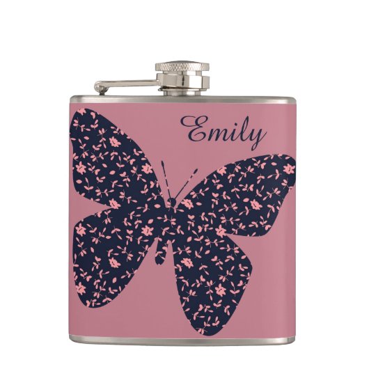 Roze en Violet Floral Butterfly, speciaal geperson Heupfles (Voorkant)