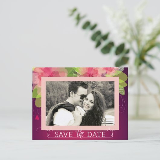 Roze en Violet Floral Sla de datum op Aankondigingskaart (Staand voorkant)