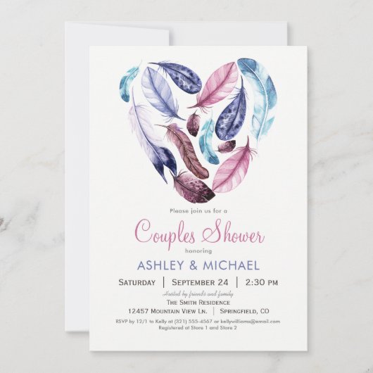 Roze en Violette Veren Koppels Douche Kaart (Voorkant)