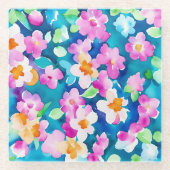 Roze en  Waterverf bloemen Glazen Onderzetter (Voorkant)