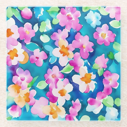 Roze en Waterverf bloemen Glazen Onderzetter (Voorkant)