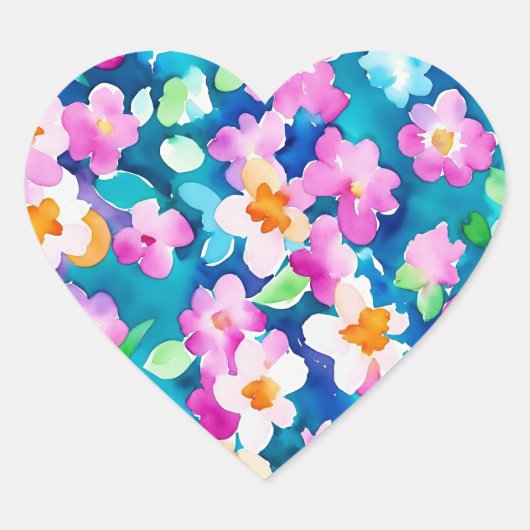 Roze en Waterverf bloemen Hart Sticker (Voorkant)
