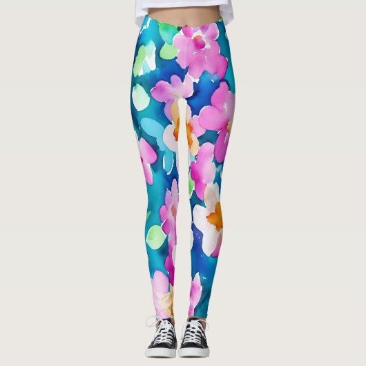 Roze en  Waterverf bloemen Leggings (Voorkant)