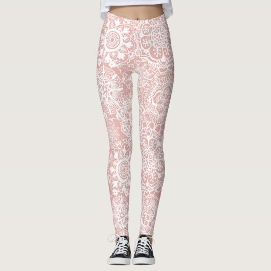 Roze en White Boho Mandala Pattern Yoga Leggings (Voorkant)