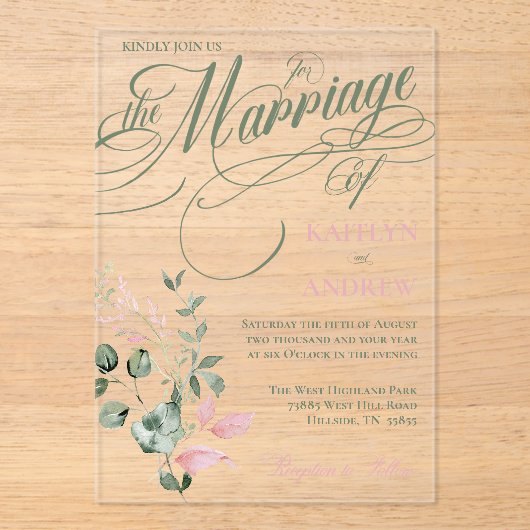 Roze en Wijze Bloemen Elegante Script Trouwen Acryl Uitnodigingen (Voorkant)