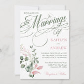 Roze en Wijze Bloemen Elegante Script Trouwen Kaart (Voorkant)