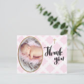 Roze en wit Baby Meisje Doop Dank u Briefkaart (Staand voorkant)