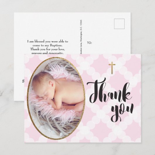 Roze en wit Baby Meisje Doop Dank u Briefkaart (Voorkant / Achterkant)