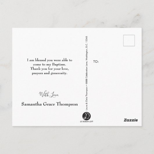 Roze en wit Baby Meisje Doop Dank u Briefkaart (Achterkant)