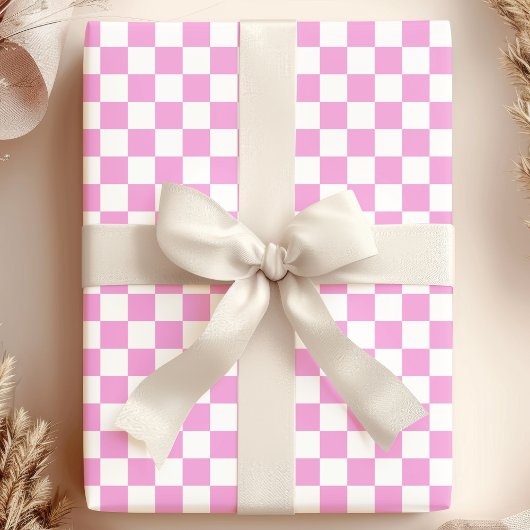 Roze en Wit Checkerboard Patroon Cadeaupapier