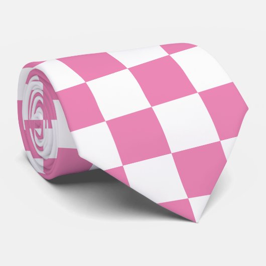 Roze en Wit Checkerboard Patroon Stropdas (Opgerold)