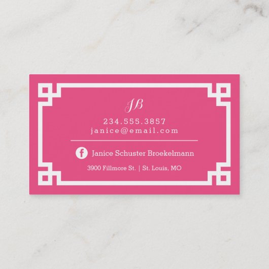 Roze en Wit Chique Griekse Key Border Visitekaartje (Achterkant)