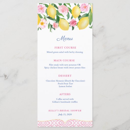 roze en wit citrus Vrijgezellenfeest Menu (Voorkant)