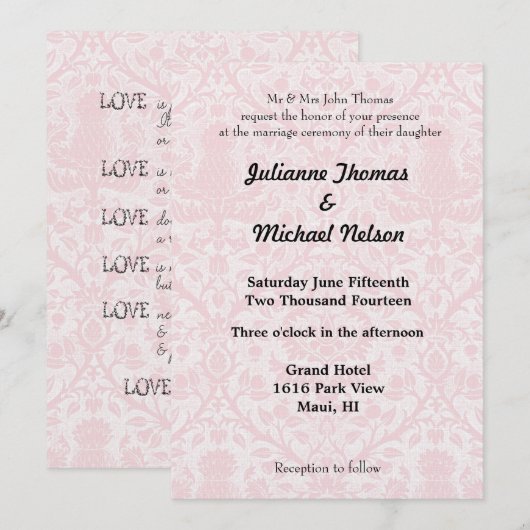  Roze en Wit Damask Bruiloft Kaart (Voorkant / Achterkant)