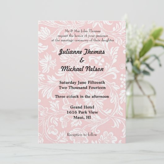  Roze en Wit Damask Bruiloft Kaart (Staand voorkant)