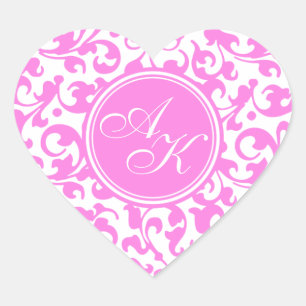  Roze en Wit Damast Monogram Hart Sticker