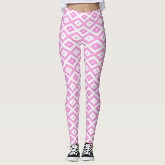 Roze en wit diamantpatroon leggings (Voorkant)